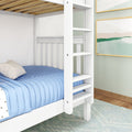 White wooden bunk bed ladder and lower bed with blue quilted comforter and beige pillow in a modern kids' bedroom with framed wall art and hardwood floor