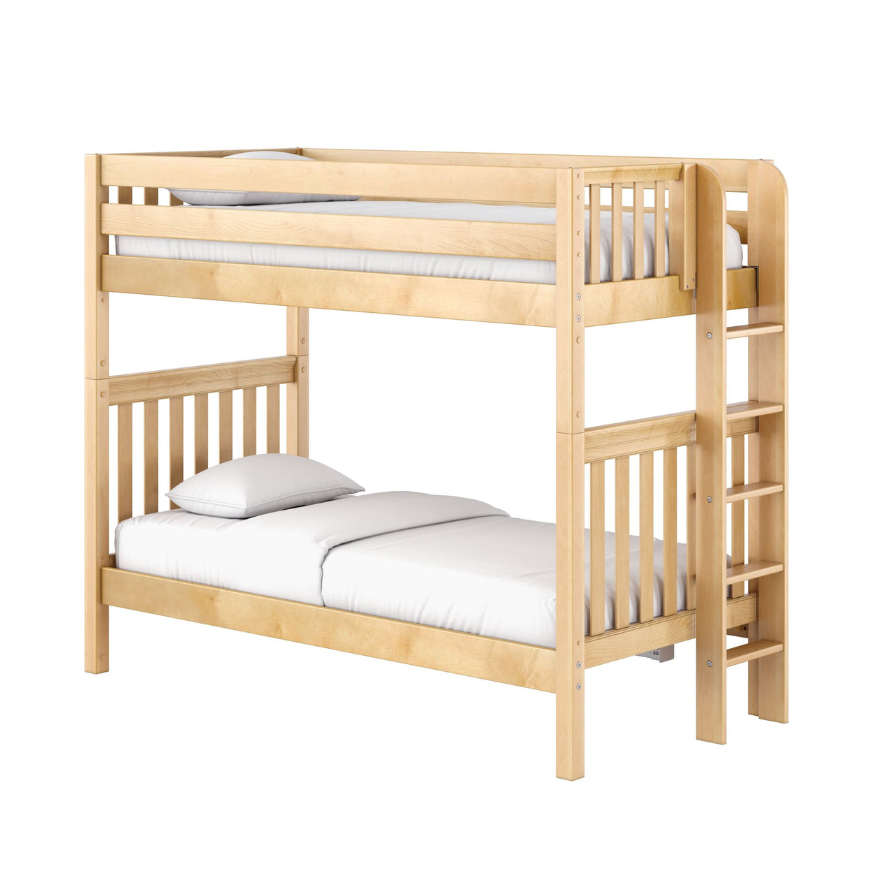 Light natural wood twin-over-twin bunk bed with built-in ladder, guardrails and white bedding
