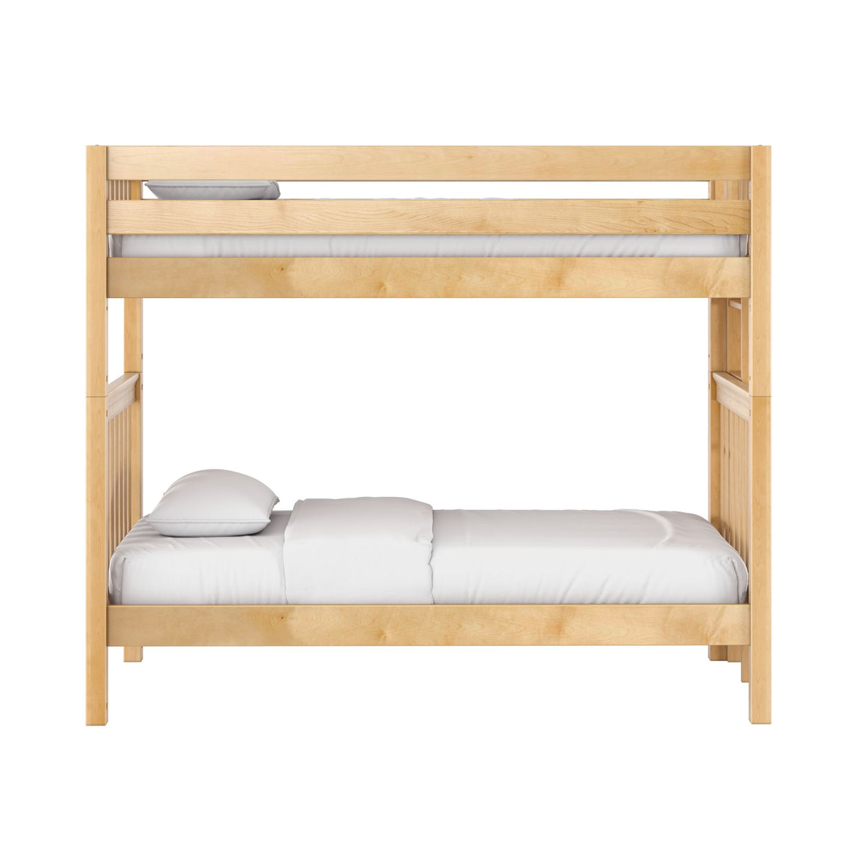 Solid maple twin-over-twin loft bunk bed with guardrails and white bedding, natural wood finish