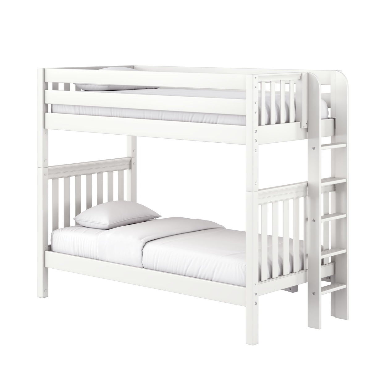 White wooden twin-over-twin loft bunk bed with ladder, slatted guardrails and white bedding — space-saving modern kids' bedroom furniture