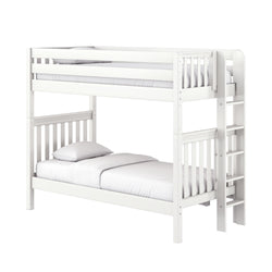 White wooden twin-over-twin loft bunk bed with ladder, slatted guardrails and white bedding — space-saving modern kids' bedroom furniture