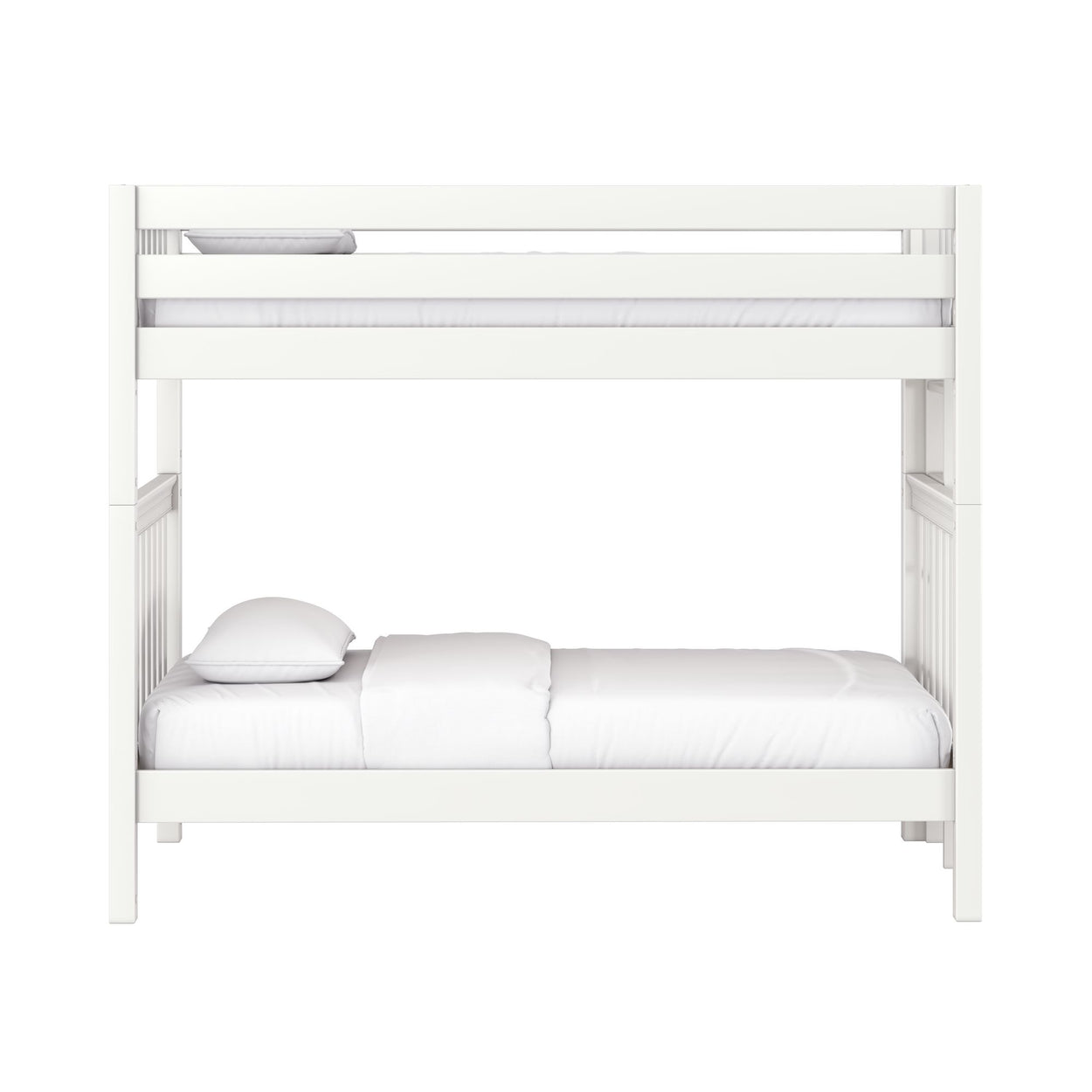 White wooden twin-over-twin bunk bed with white mattress, pillow and duvet, horizontal guardrails and slatted posts, modern kids' bedroom furniture