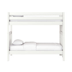 White wooden twin-over-twin bunk bed with white mattress, pillow and duvet, horizontal guardrails and slatted posts, modern kids' bedroom furniture