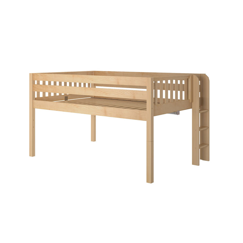Solid natural wood loft bed with safety rails and built-in ladder, elevated platform bed frame ideal for kids' rooms and small bedrooms