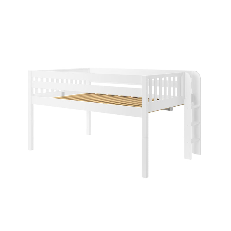 White wooden loft bed frame with ladder and safety guardrails, slatted mattress support platform for kids and teens – modern, space-saving bedroom loft bed.