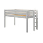 White wooden twin loft bed with safety rails, built-in ladder and slatted platform mattress support for kids' bedroom