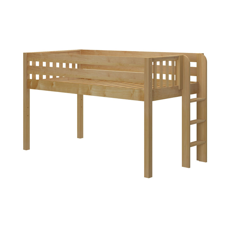 Natural wood loft bed frame with slatted guardrails and built-in ladder, elevated space-saving wooden bunk-style bed