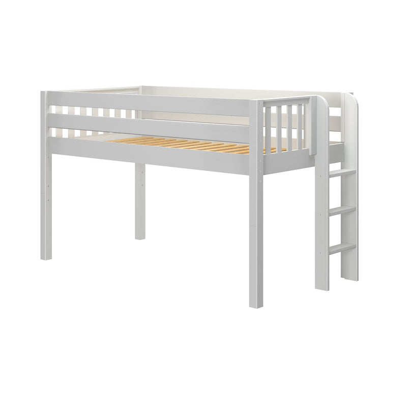 White wooden loft bed frame with guard rails, built-in ladder and slatted mattress support — modern twin elevated bed for kids' bedroom