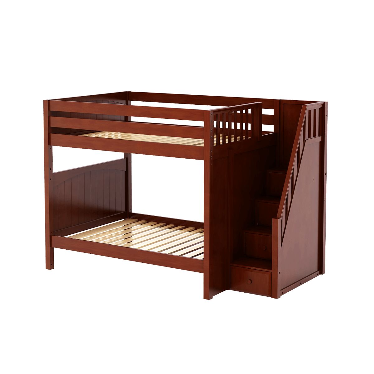 Wooden loft bed with staircase and storage drawers, ideal for maximizing bedroom space.