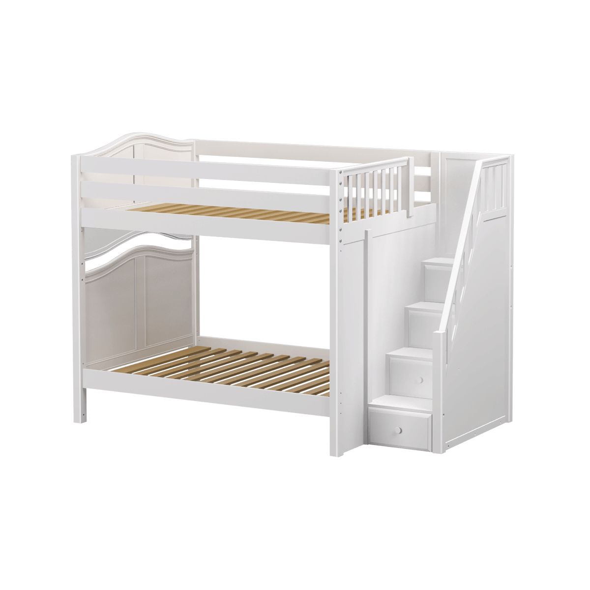 White wooden bunk bed with stairs and storage drawers, perfect for kids' bedrooms.