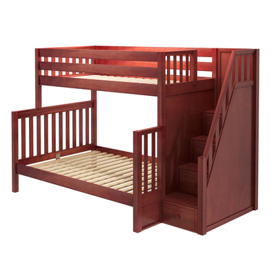 TOTEM CS : Staggered Bunk Beds High Twin over Full Bunk Bed with Stairs, Slat, Chestnut