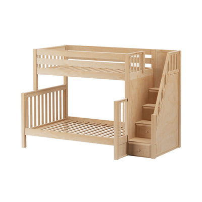 TOTEM NS : Staggered Bunk Beds High Twin over Full Bunk Bed with Stairs, Slat, Natural