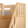 Close-up of a light maple solid-wood bunk bed staircase with angled safety rail and built-in storage drawers, natural finish