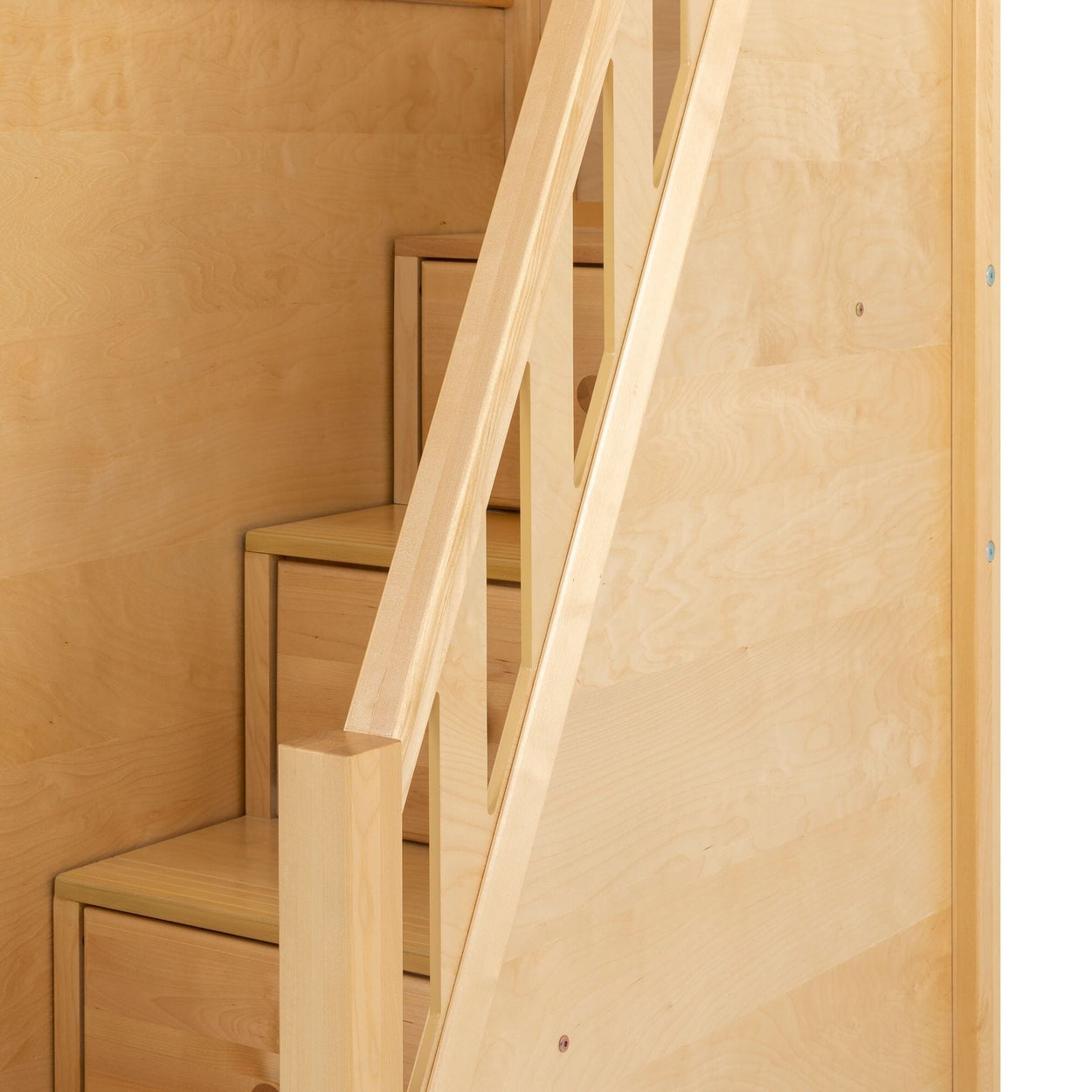 Light wood staircase with diagonal railing and built-in drawer storage, space-saving modern interior stairs ideal for small homes and lofts