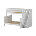 White wooden twin-over-full bunk bed with staircase and built-in storage drawers, slatted mattress supports, space-saving kids' bedroom furniture