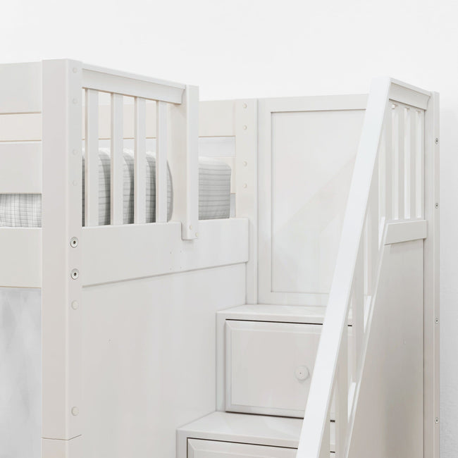 TOTEM WP : Staggered Bunk Beds High Twin over Full Bunk Bed with Stairs, Panel, White