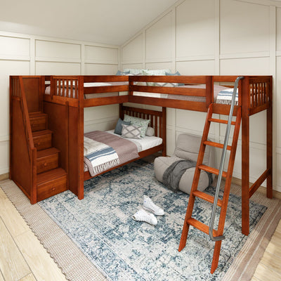 Wooden L-shaped loft bed with a ladder and storage stairs in a cozy, carpeted bedroom.
