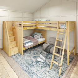 L-shaped wooden bunk bed with stairs and ladder in a modern bedroom featuring cozy bedding and a patterned rug.