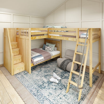 TREBLE NS : Multiple Bunk Beds Full High Corner Loft Bunk Bed with Angled Ladder and Stairs on Left, Slat, Natural