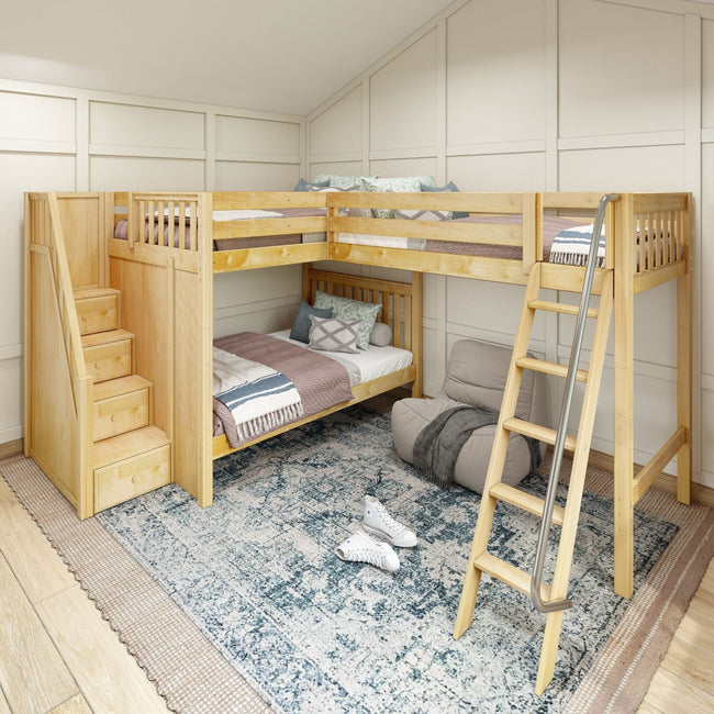 Full + Twin High Corner Loft Bunk with Angled Ladder and Stairs
