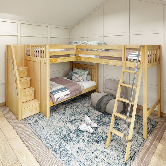 TREBLE NS : Multiple Bunk Beds Full High Corner Loft Bunk Bed with Angled Ladder and Stairs on Left, Slat, Natural