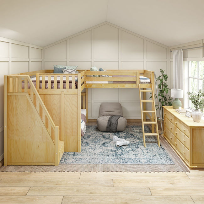 TREBLE NS : Multiple Bunk Beds Full High Corner Loft Bunk Bed with Angled Ladder and Stairs on Left, Slat, Natural