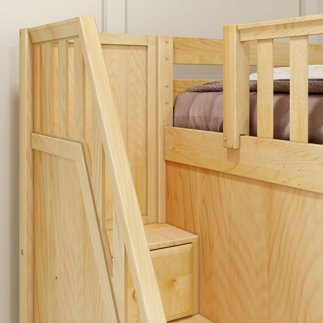 TREBLE NS : Multiple Bunk Beds Full High Corner Loft Bunk Bed with Angled Ladder and Stairs on Left, Slat, Natural