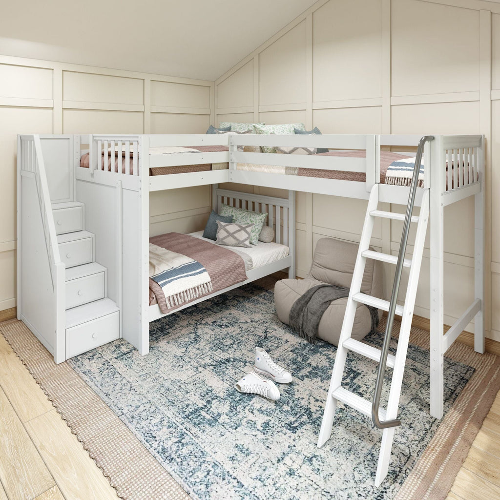 White L-shaped wooden bunk bed with built-in storage stairs and ladder in a cozy kids' bedroom, pink and blue bedding, patterned area rug and bean bag chair