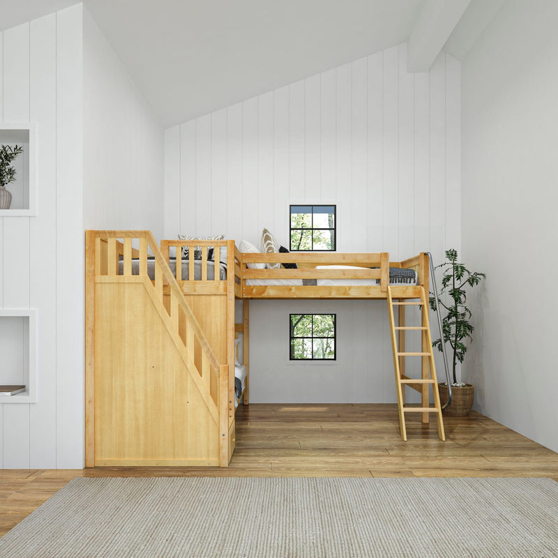 Modern natural wood loft bunk bed with stairs and ladder in a bright minimalist kids' bedroom with white shiplap walls, hardwood floors, small windows and a potted plant