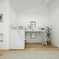 Bright modern white loft bunk bed with ladder and staircase in a minimalist farmhouse kids' bedroom with wood floors, small windows and potted plant