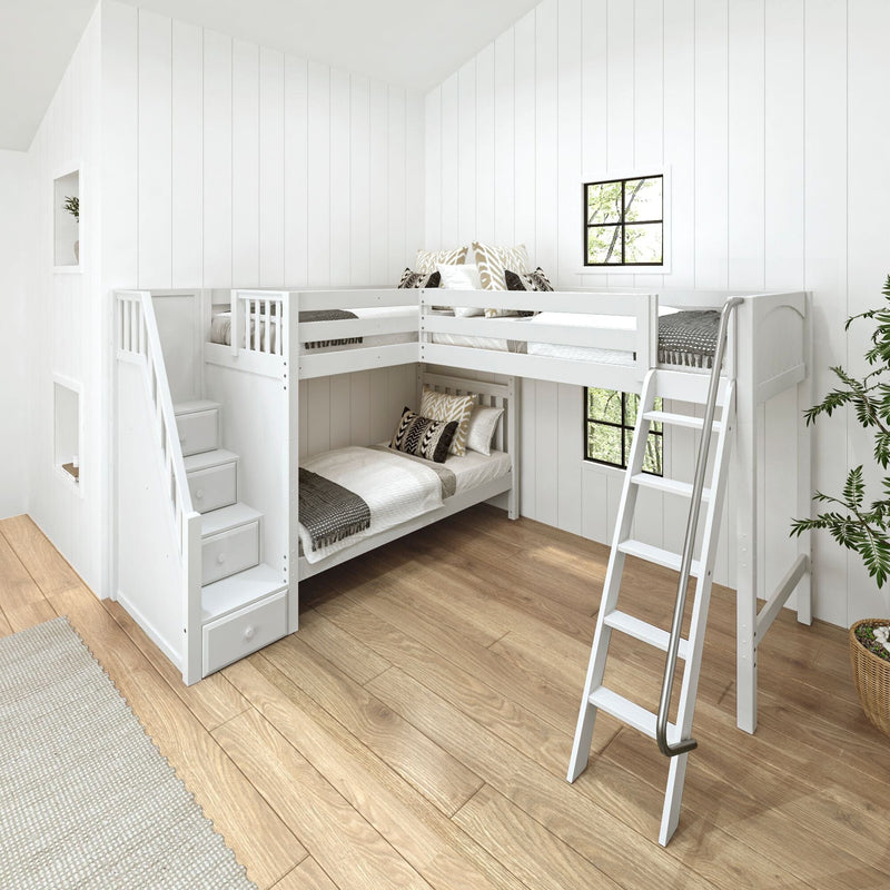 White L-shaped wooden bunk bed with storage stairs and ladder in a modern farmhouse kids bedroom with shiplap walls, hardwood floor and neutral bedding