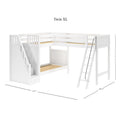 White Twin XL L-shaped loft bunk bed with staircase storage and angled ladder, wooden slat mattress bases and panel headboard, modern farmhouse style, 122.5 in x 100.75 in footprint, 71 in H