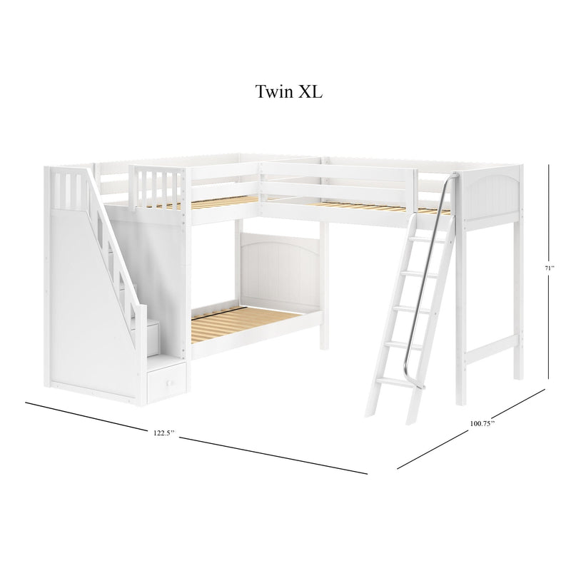 White Twin XL L-shaped loft bunk bed with staircase storage and angled ladder, wooden slat mattress bases and panel headboard, modern farmhouse style, 122.5 in x 100.75 in footprint, 71 in H