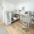 White L-shaped bunk bed with staircase and ladder in modern farmhouse kids bedroom, built-in storage drawers, shiplap walls, hardwood floor and neutral bedding