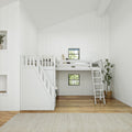 Minimal white loft bunk bed in a modern Scandinavian kids' bedroom with ladder and stairs, hardwood floor, small windows and potted plant