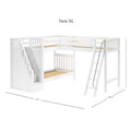 White Twin XL L-shaped loft bunk bed with staircase and angled ladder, solid wood slatted platforms, built-in storage drawers, modern kids/teen loft bed, 122.5 in x 100.75 in x 71 in
