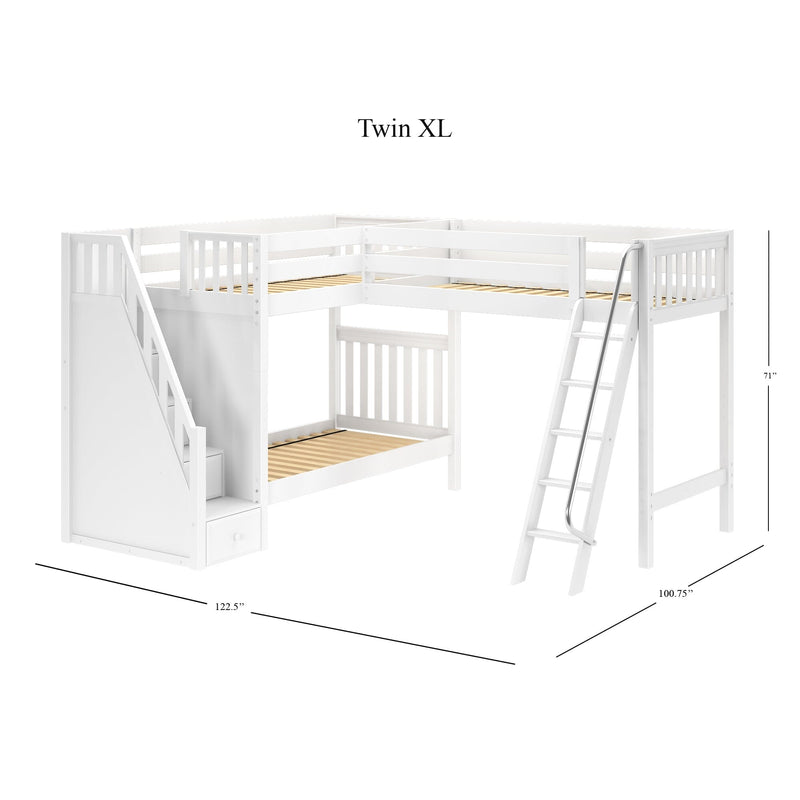White Twin XL L-shaped loft bunk bed with staircase and angled ladder, solid wood slatted platforms, built-in storage drawers, modern kids/teen loft bed, 122.5 in x 100.75 in x 71 in