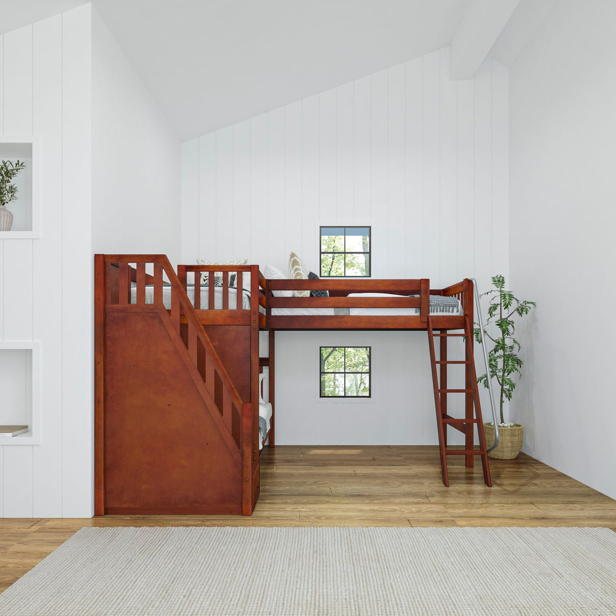 Wooden loft bed with stairs in modern minimalist bedroom.