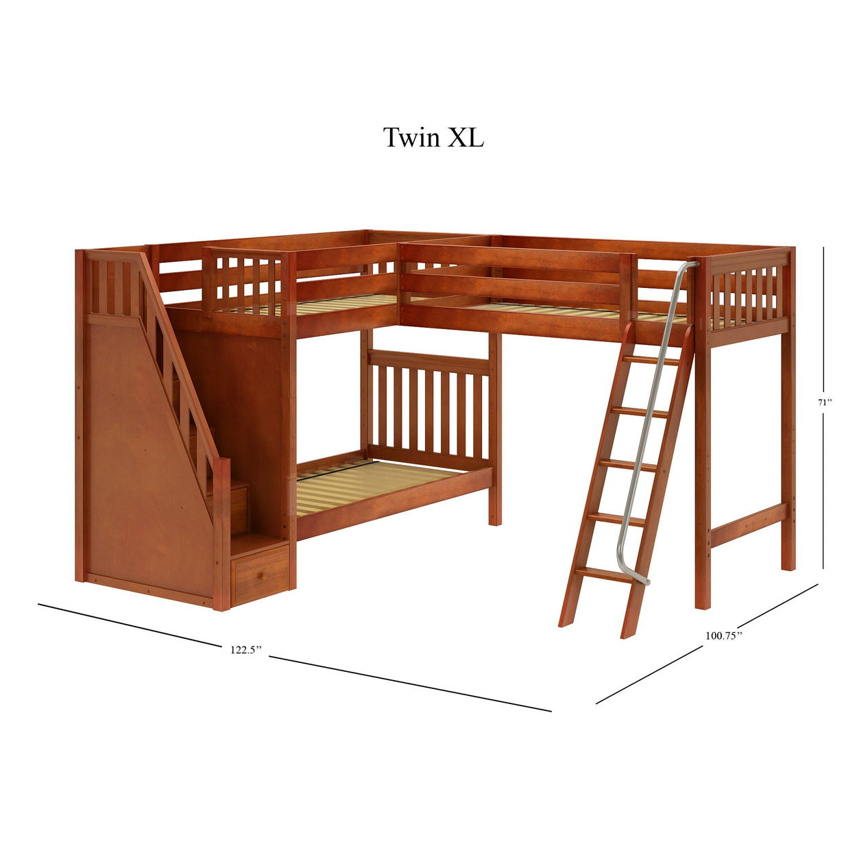 Twin XL loft bed with ladder and stairs, wooden frame, dimensions 71 inches tall, 122.5 inches long, and 100.75 inches wide.