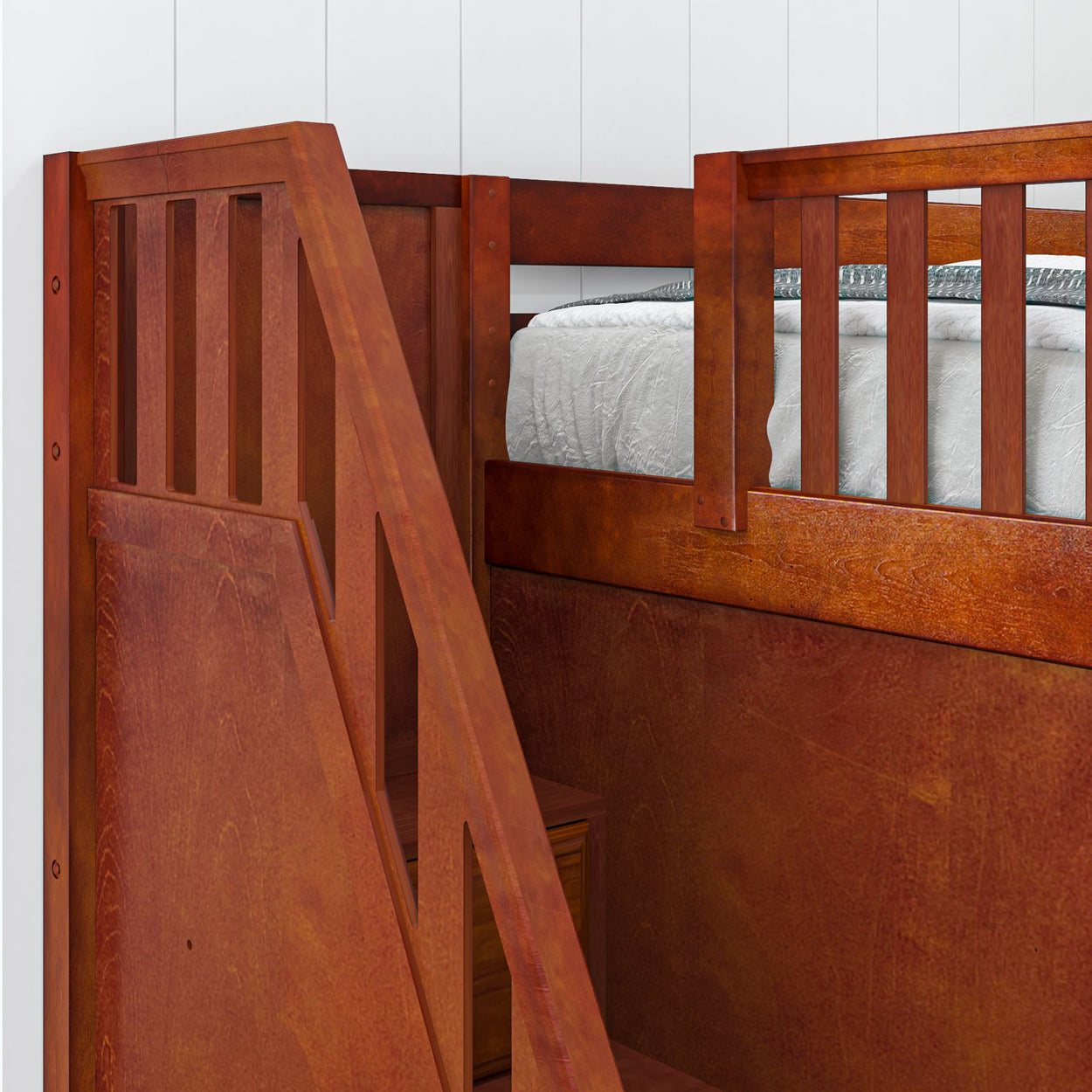 Wooden loft bed with staircase and railing detail.