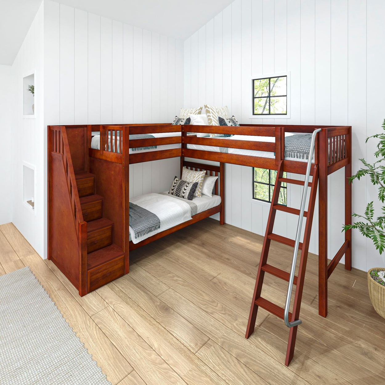 Robust wooden L-shaped bunk bed set with ladder and storage stairs in modern bedroom.