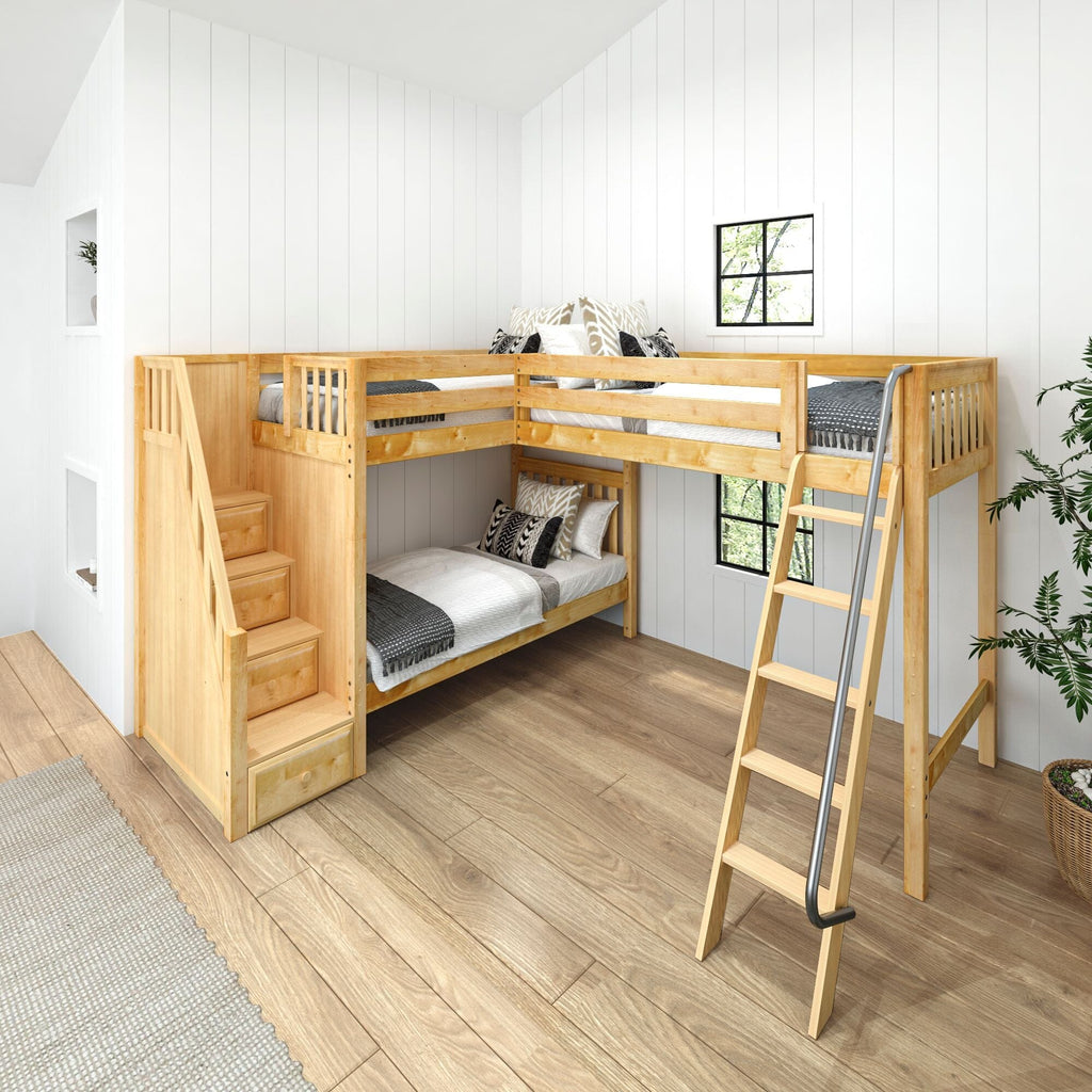 Natural wood loft bunk beds with ladder in a bright white shiplap bedroom, patterned pillows, gray bedding and wood plank flooring