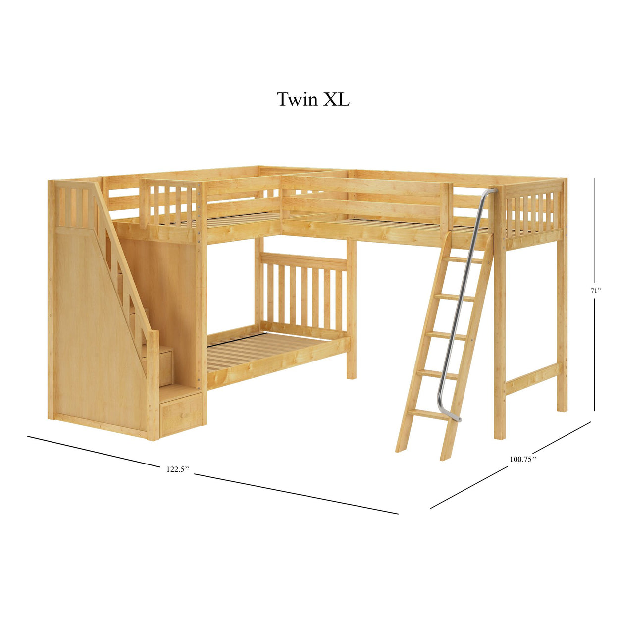 Wooden Twin XL loft bed with stairs and ladder, dimensions 122.5 inches by 100.75 inches by 71 inches, ideal for maximized space and storage.