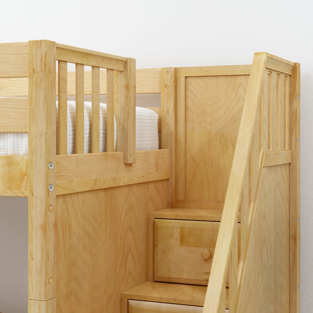 Wooden loft bed with stairs and safety railings, perfect for small bedrooms and maximizing space.