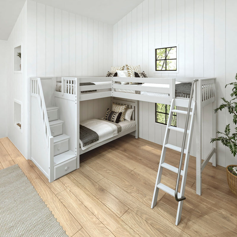 White wooden L-shaped bunk bed with ladder and built-in staircase storage in a minimalist kids' bedroom with white shiplap walls, neutral patterned pillows, natural wood flooring and a window overlooking green trees