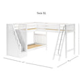 White wooden Twin XL children's loft bunk bed with built-in staircase and storage drawers, ladder and safety rails, slatted mattress platforms, dimensions 122.5 in × 100.75 in × 71 in