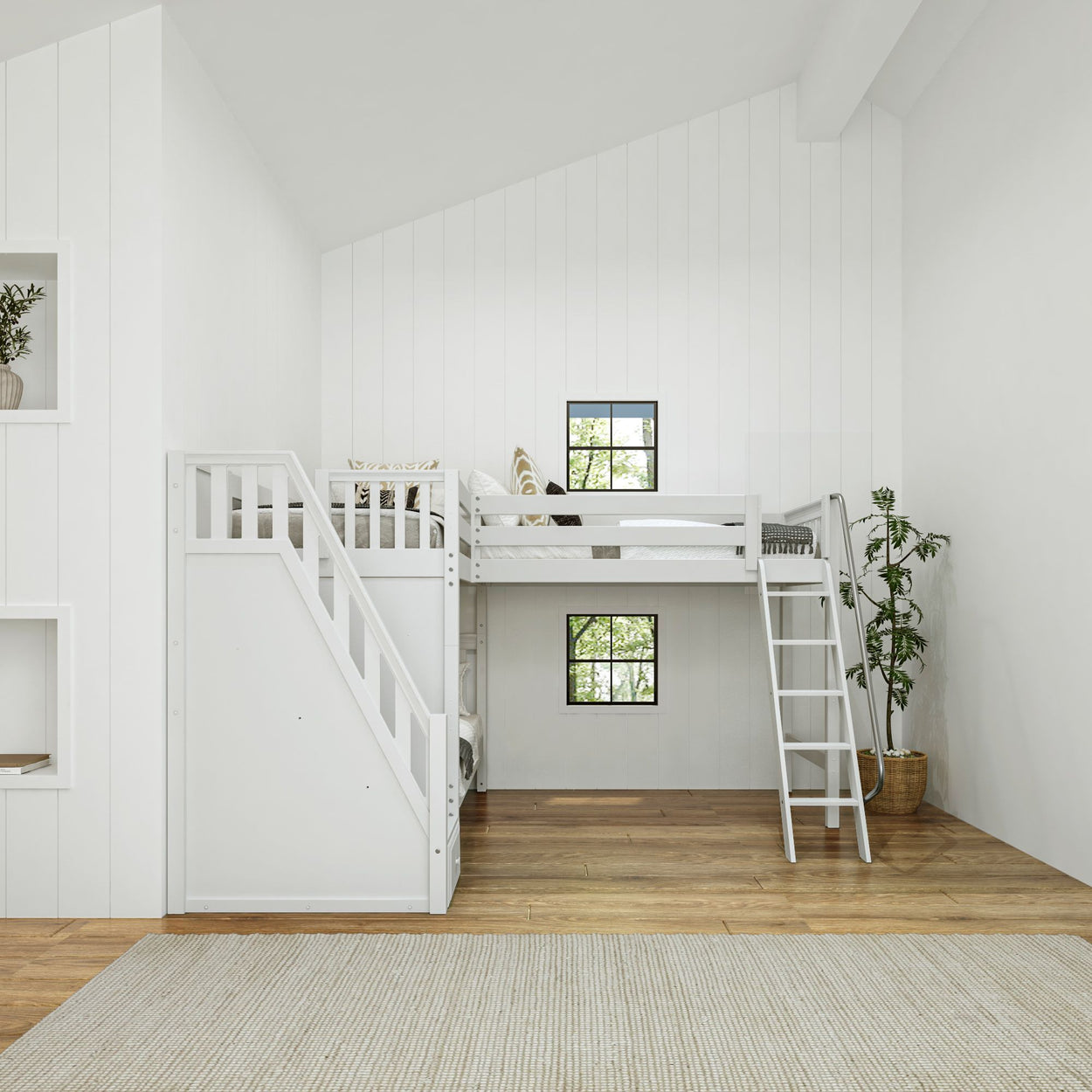 Modern white loft bed with stairs and ladder in a bright, minimalist room with wooden flooring and green plant decor.