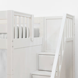 White loft bed with stairs and built-in storage drawers for kids' bedroom.
