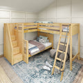 Natural wood L-shaped bunk bed with staircase storage and ladder in a cozy kids' bedroom with patterned rug and bean bag