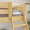 Close-up of a natural pine wooden bunk bed ladder and safety rail with a twin mattress and blue-striped fringed blanket, farmhouse bedroom decor